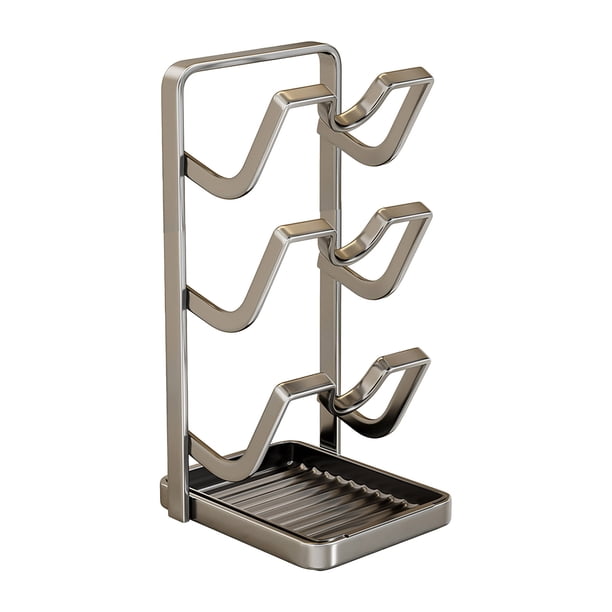 Organizador de tapas de ollas y sartenes para encimera con bandeja de goteo extraíble y soporte para cucharas, organizador de encimera para tapas y utensilios de cocina mientras cocinas.