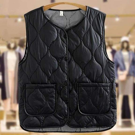 Fanxing Womens Plus Size Crop Quilted Vest Lightweight Sleeveless Shripes Liend Jacket Casual V Neck Button Down Waistcoat with Pocket Black 4XL