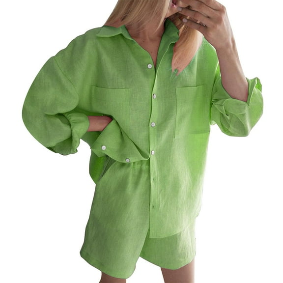 RMGVDSD Womens 2 Piece Outfits Summer Cotton Linen Shirt Long Sleeve Tops And Elastic Waist Shorts Two Piece Set Casual Beach Shorts Set