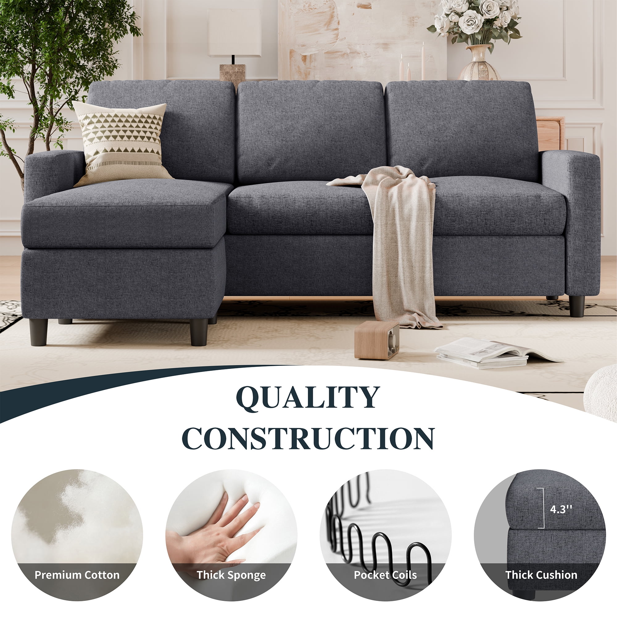 Walsunny 73.6" Convertible Sectional Sofa Couch, L-Shaped 3-Seat Sofa Couch with Reversible Chaise for Small Space,Dark Gray