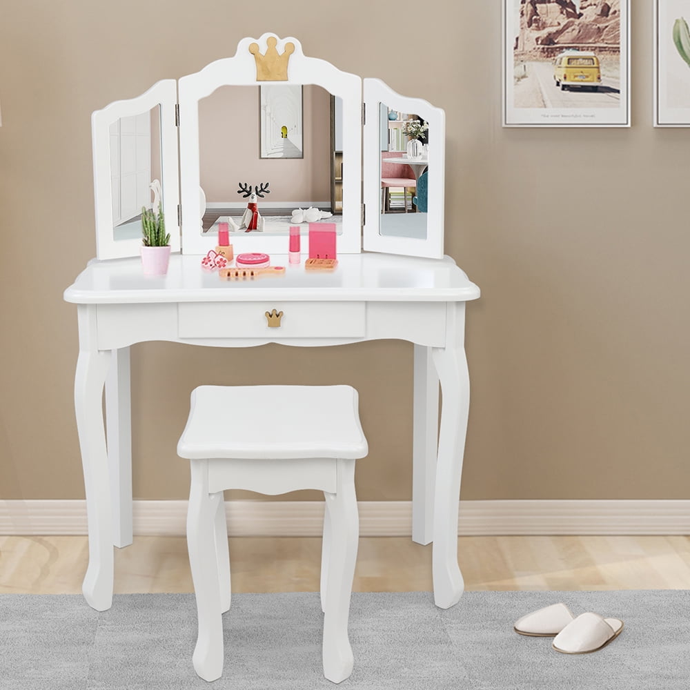 Private Jungle Children's Wooden Dressing Table Three-Sided Folding Mirror Dressing Table Chair Single Drawer,White Crown Style Private Jungle Children's Wooden Dressing Table Three-Sided Folding Mirror Dressing Table Chair Single Drawer,White Crown Style