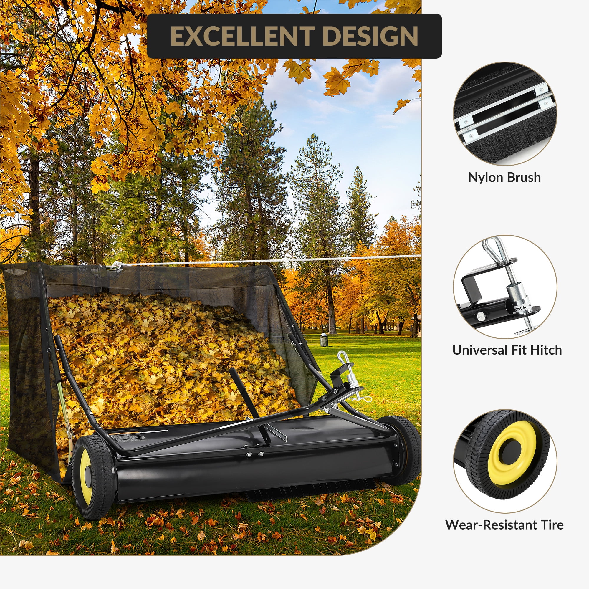 Danolapsi 42inch Trailer Lawn Sweeper with Adjustable Height, 12 Cubic Foot Capacity, Leaf and Grass Clipping Collector, Easy Dump Rope, Universal Hitch, Foldable Storage for Yard and Garden