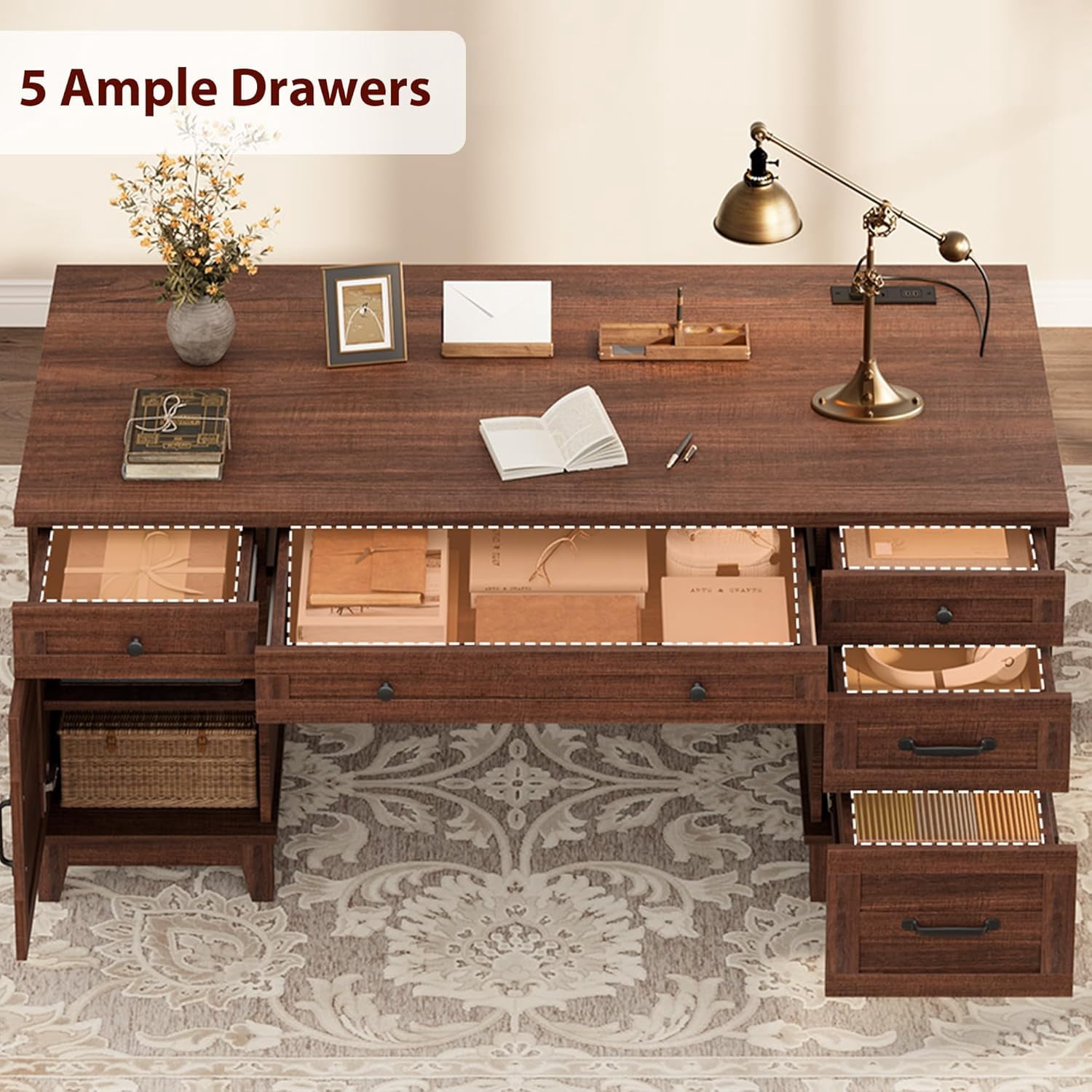 60" Wooden Home Office Desk with Built-in Power Outlet, Farmhouse Executive Desk with Storage Drawers and File Cabinet, Rectangular Study and Writing Table