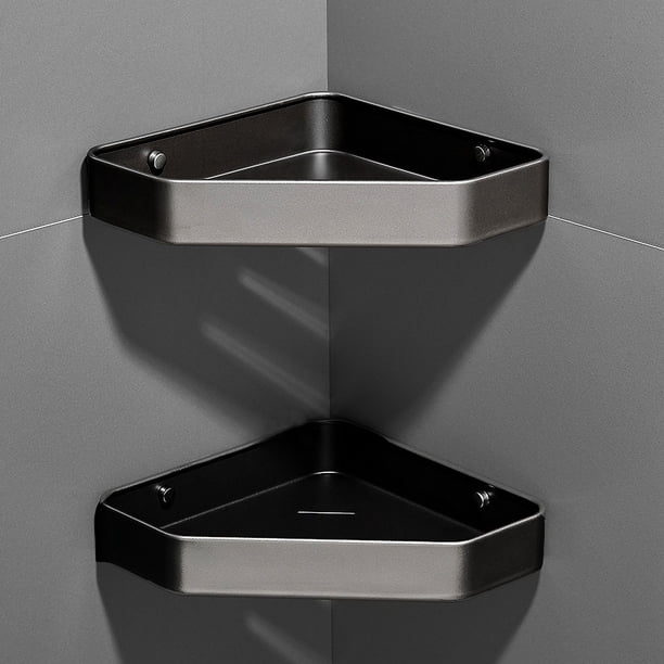 Un juego de dos cestas de ducha negras de una sola capa, soportes de ducha triangulares, soportes de esquina, soportes de ducha sin perforar, soportes de baño y organizadores de cocina.