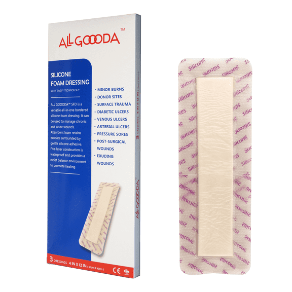 ALL GOOODA Silicone Foam Dressing 4x12, Hospital Grade Wound Bandage, Extra Long Large Post Op Surgical Incision Supply , Knee Replacement, Adhesive Border Waterproof, Sacrum, Box of 3