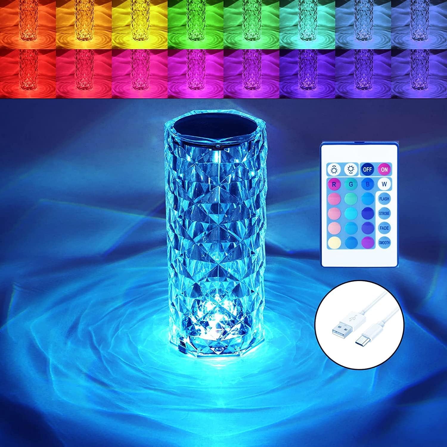EvoFine Crystal Table Lamp RGB 16 Color Changing Night Light, Romantic USB Rechargeable Rose Table Lamps for Living Room Housewarming Gift (Remote & Touch)