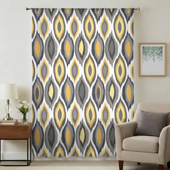 Yellow Black Geometric Sheer Curtains 45 Inches Long, Abstract Art Diamond Modern Light Filering Curtains, Breathable Simi Curtain Privacy Drapes for Kitchen Bathroom Small Window Treatment
