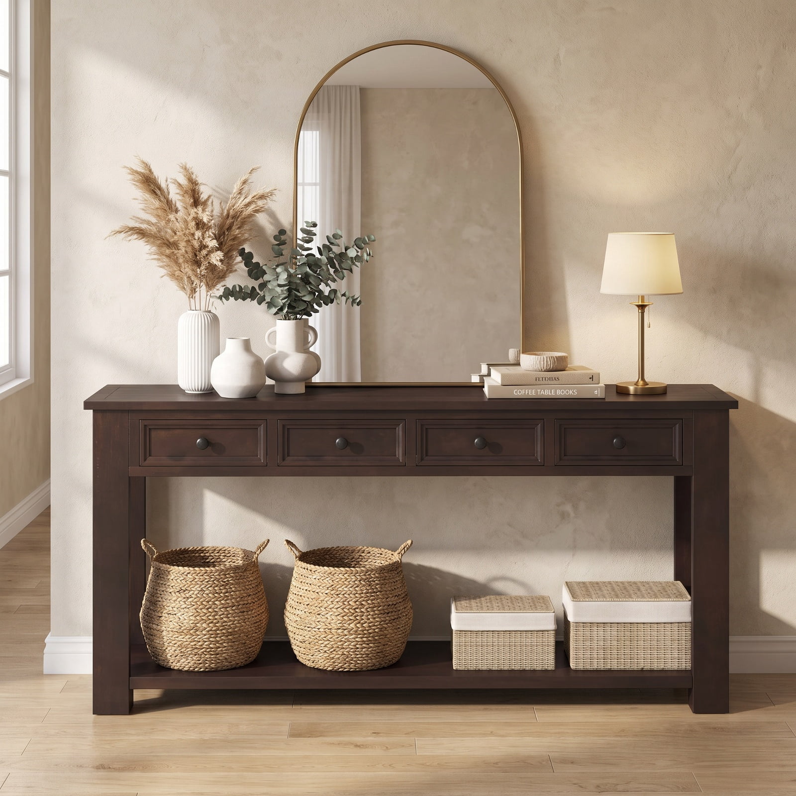 Furnibear 63 Inch Farmhouse Entryway Table Long Console Table with 4 Storage Drawers and Open Shelf for Living Room Hallway Sofa, Espresso
