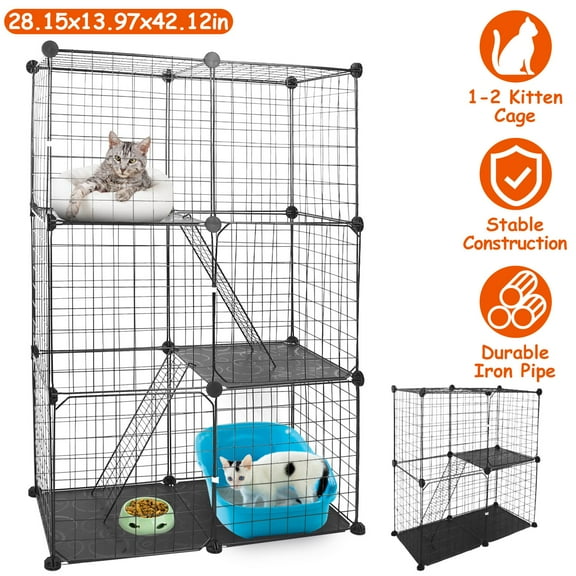 3 Tier Cat Durable Metal Large Cage, Detachable Crate Kennel w/ Ladder Black
