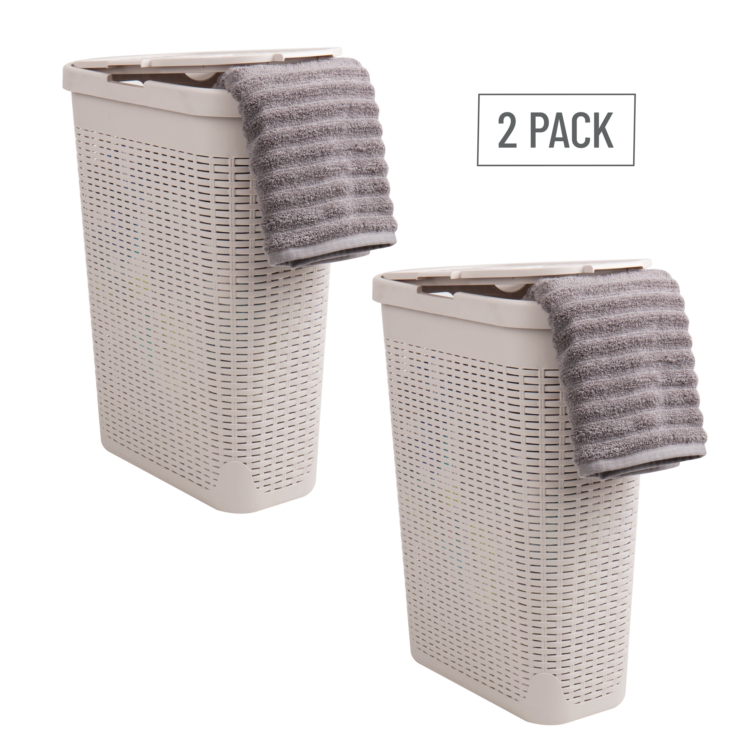 Mind Reader 40L Slim Laundry Hamper, Clothes Basket, Lid, Wicker Design, Plastic, 18"L x 10.4"W x 23.5"H, Set of 2, Ivory
