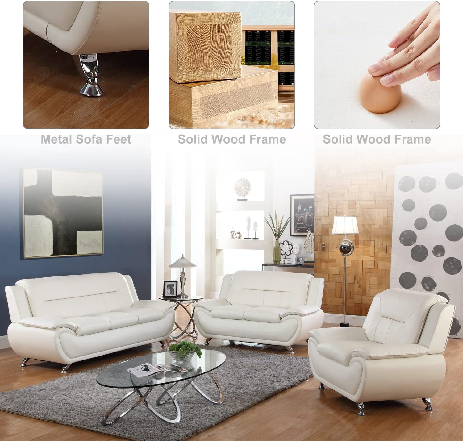 3 Piece Living Room Furniture Set, Leather Sofa Set for Living Room, Modern Couch Set with 3-Seater Sofa, Loveseat and Armchair (Cream White)