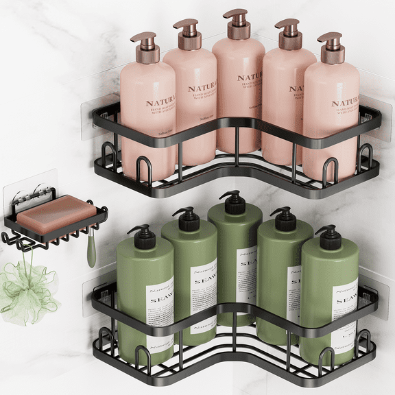 Ophanie Corner Adhesive Shower Caddy 3 Pack, Large Capacity with Soap Holder, No Drilling Wall-Mounted Shower Shelves, Rustproof Bathroom Organizers and Storage, Kitchen & Rental-Friendly, Black