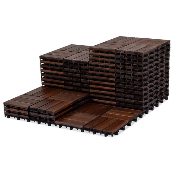 27 PCS Interlocking Wood Deck Tiles 12 Slats Walnut Flooring 36x36 Inch Outdoor Patio Balcony Garden Anti-Slip Composite Decking Kit with Drainage
