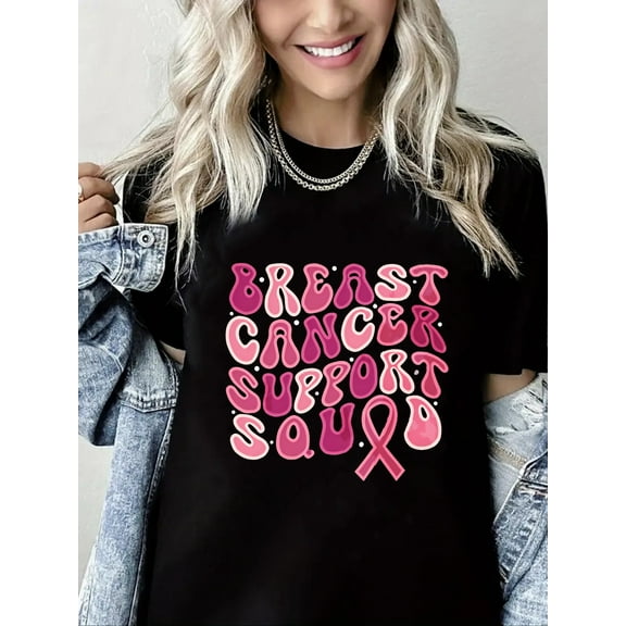 Breast Cancer Tshirt Breast Cancer Support Squad Print Short Sleeve Shirt for Women