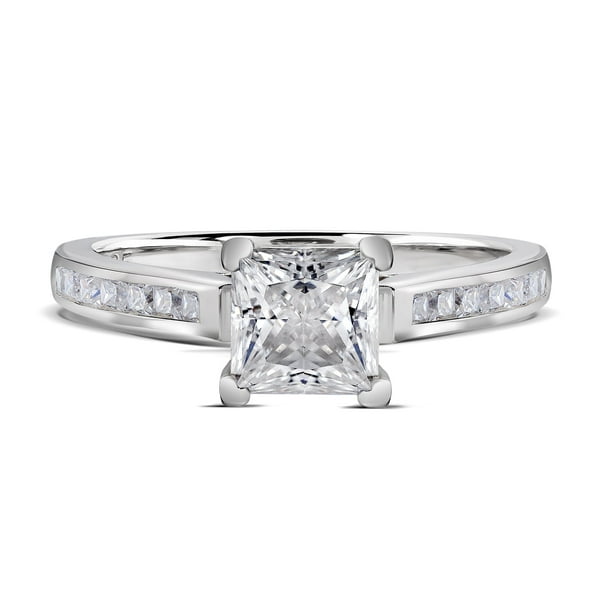 JeenMata Anillo de Bodas de Corte Princesa de 1,75 Quilates - Anillo de Promesa - Anillo con Canal Pavé - Anillo con Puntas - Anillo de Compromiso - Baño de Oro Blanco de 18 K sobre Plata