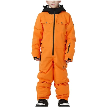 Xfvqtps One Piece Snowsuits Snowboarding Suit Hooded Multiple Pockets Zipper Waterproof Windproof Outdoor Winter Ski Suits Jumpsuits Orange