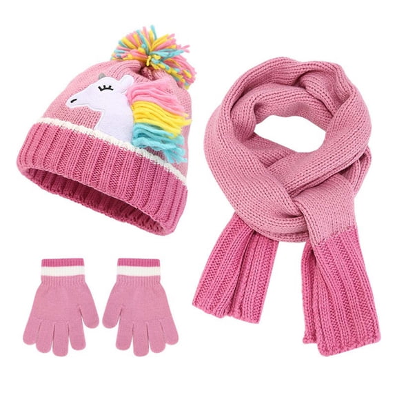 Gubotare Boys Hat and Gloves Kids Hats and Gloves Sets,Warm Knit Winter Beanie Hat Scarf Gloves for Boys Girls Pom Poms Toddler Hats (Pink,3-6 Years)