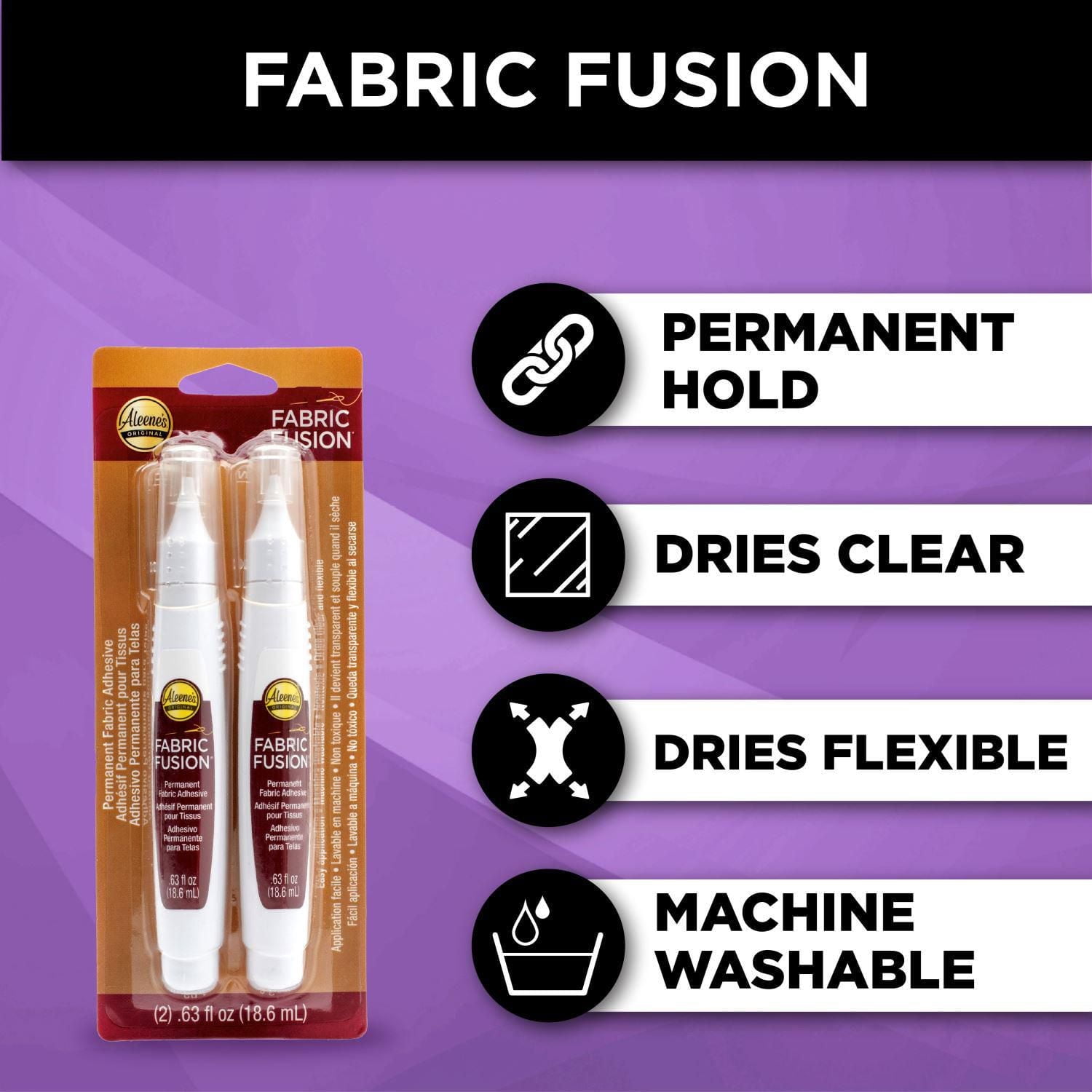 Colle permanente Aleene's Fabric Fusion en stylo, 0,63 fl. oz. Pack de 2, application précise, non toxique, sèche flexible en 4 heures, forte adhérence sur tissus