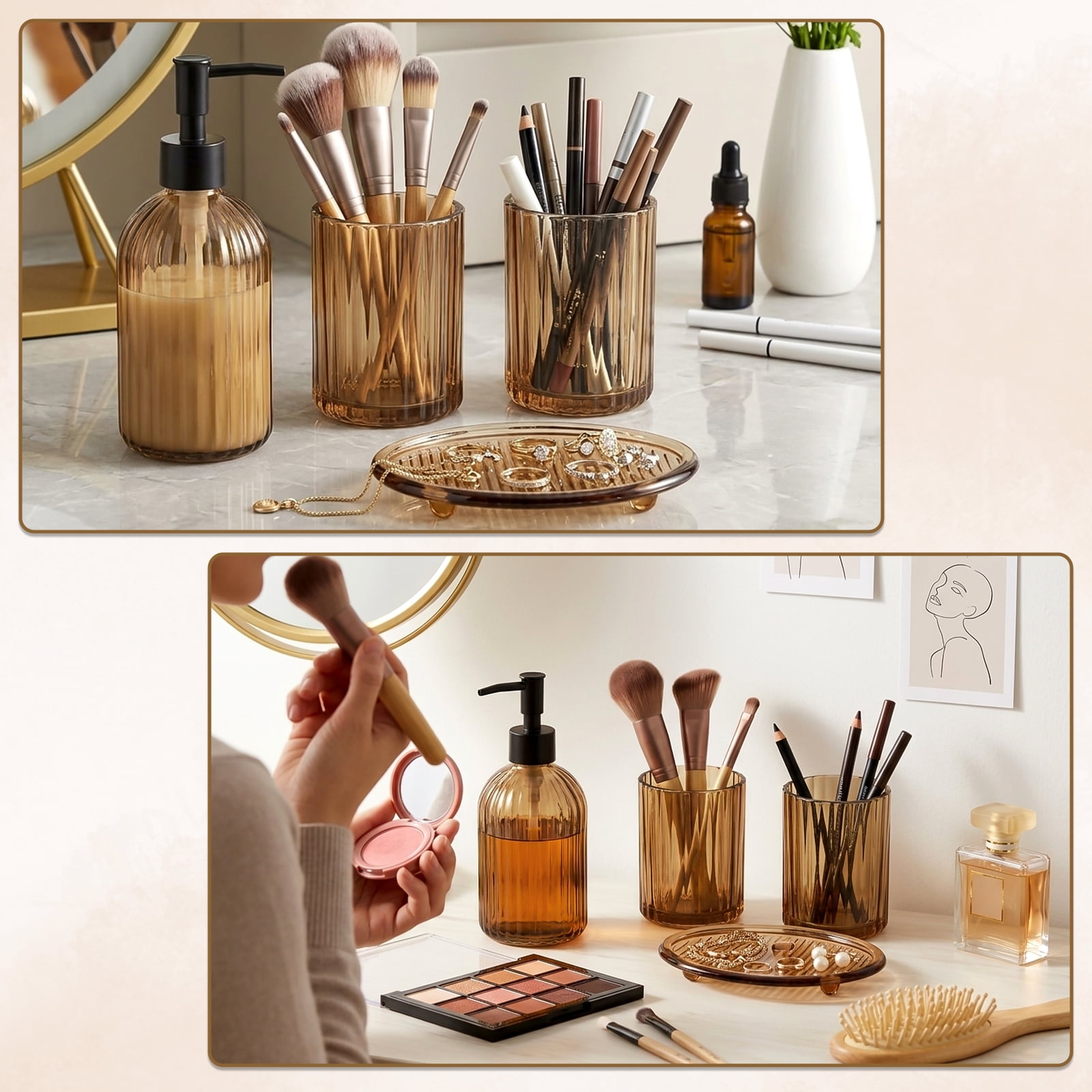 Bathroom Accessories Set, 4Pcs Bathroom Glass Soap Dispenser Set ,with Soap Dispenser , Soap Dish, Tumbler,Brown