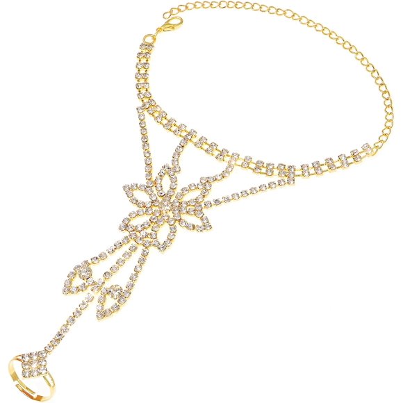 shiyou-Rhinestone Finger Ring Bracelet Crystal Hand Chain Ring Bracelets for Women