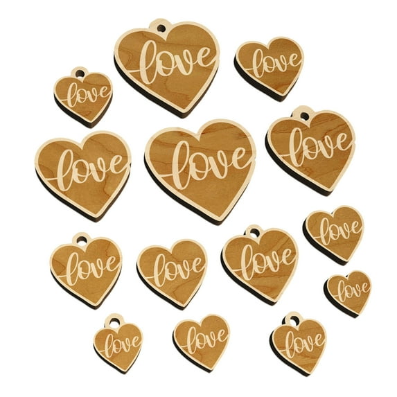 Love Script in Heart Wood Mini Charms Shapes DIY Craft Jewelry - With Hole - 18mm (17pcs)