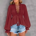 thumbnail image 2 of Women's Long Sleeve V Neck Blouse, Lace Splicing & Drawstring Ruffle Hem Casual Chic Tops, 2 of 9