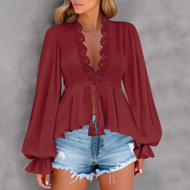 BLCHUNen Long Sleeve Shirts for Women Lace Cardigan Drawstring V Neck Trendy Fall Blouses Ruffle Breathable Home Casual Tops