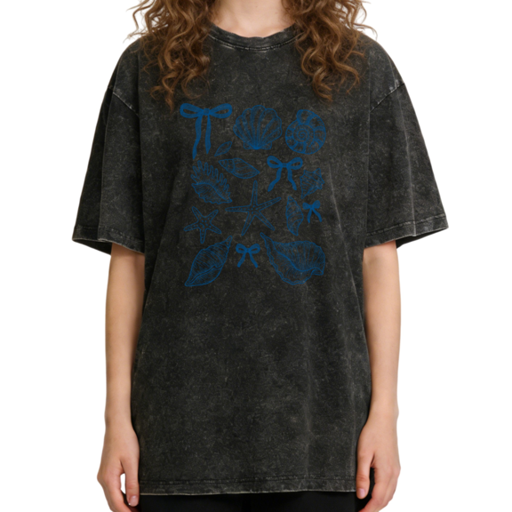 Women's Vintage Seashell Starfish Bow Graphic Breathable Washed T Shirt Coquette Beach Coastal Black S-2XL Plus Size
