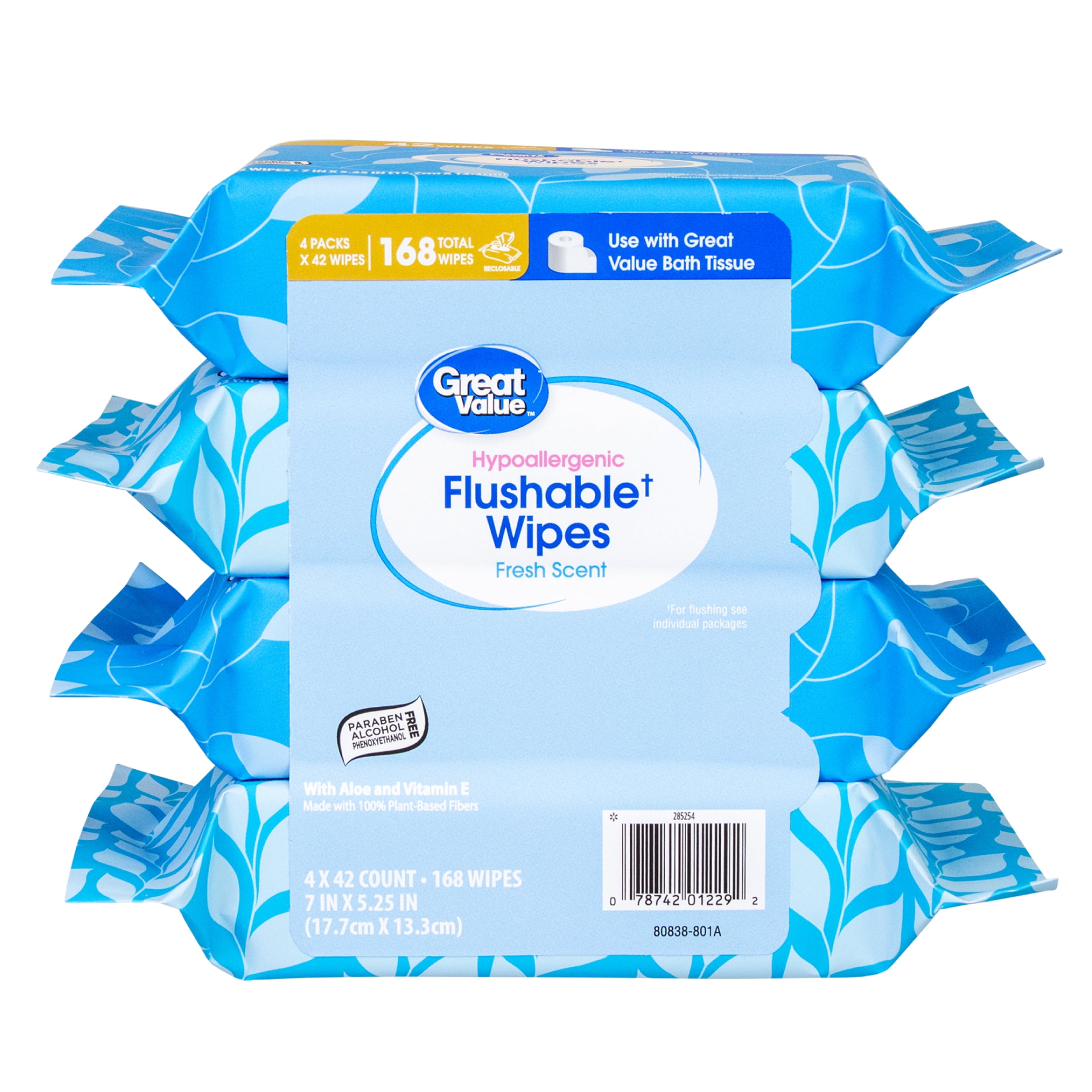 Great Value Flushable Wet Wipes, Fresh Scent, 4 Packs of 42 Wipes, 168 Total Wipes