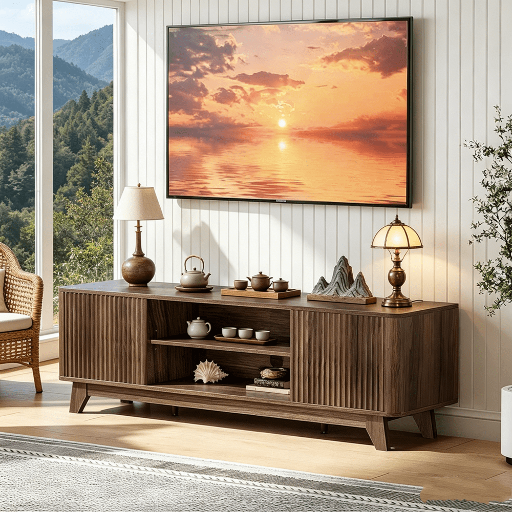Wood Fluted TV Stand for TVs up to 70 Inch, Mid Century Modern Low Profile TV Console Cabinet with Adjustable Open Storage Shelves & Double Slatted Cabinet Doors