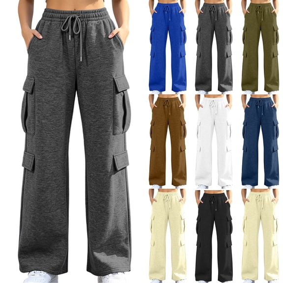 Kctiaxy Cargo Sweatpants Women Solid Fashion Wide Leg Pants Elastic Waist Drawstring Casual Barrel Pants with Front Pockets