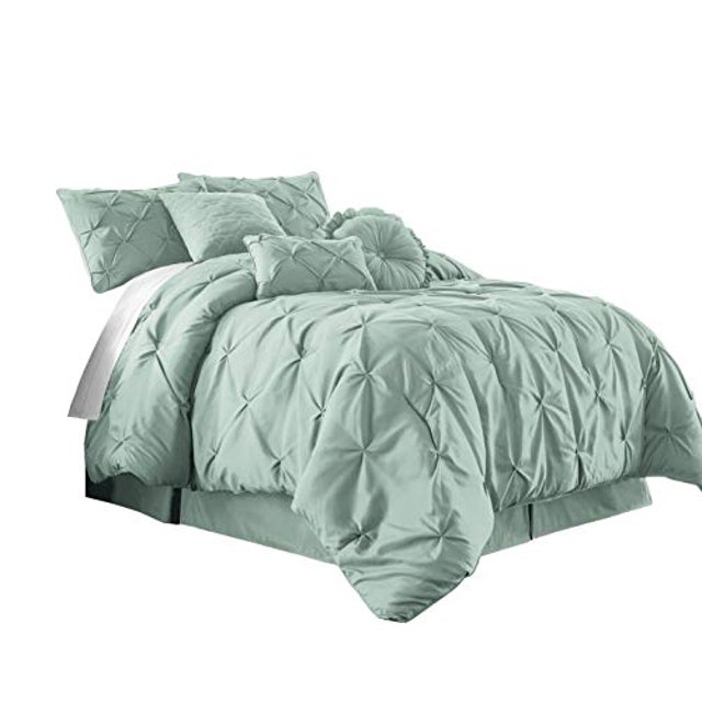 Chezmoi Collection Sydney Ensemble de Literie 7 Pcs avec Couette à Plis Pincés (Grand Lit, Vert Écume de Mer)