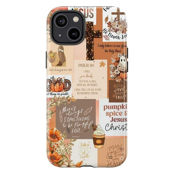 Fall Christian Bible Verse Phone Case, Pumpkin Spice & Jesus Autumn Aesthetic Protective Cover for iPhone 16 15 14 13 12 11 Pro Max Plus Mini