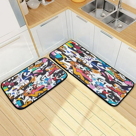 

Kitchen Rug Set 2 Pieces Non Slip Kitchen Mat for Kitchen Home Floor Sink 47 x19 +27 x19 Graffiti Art