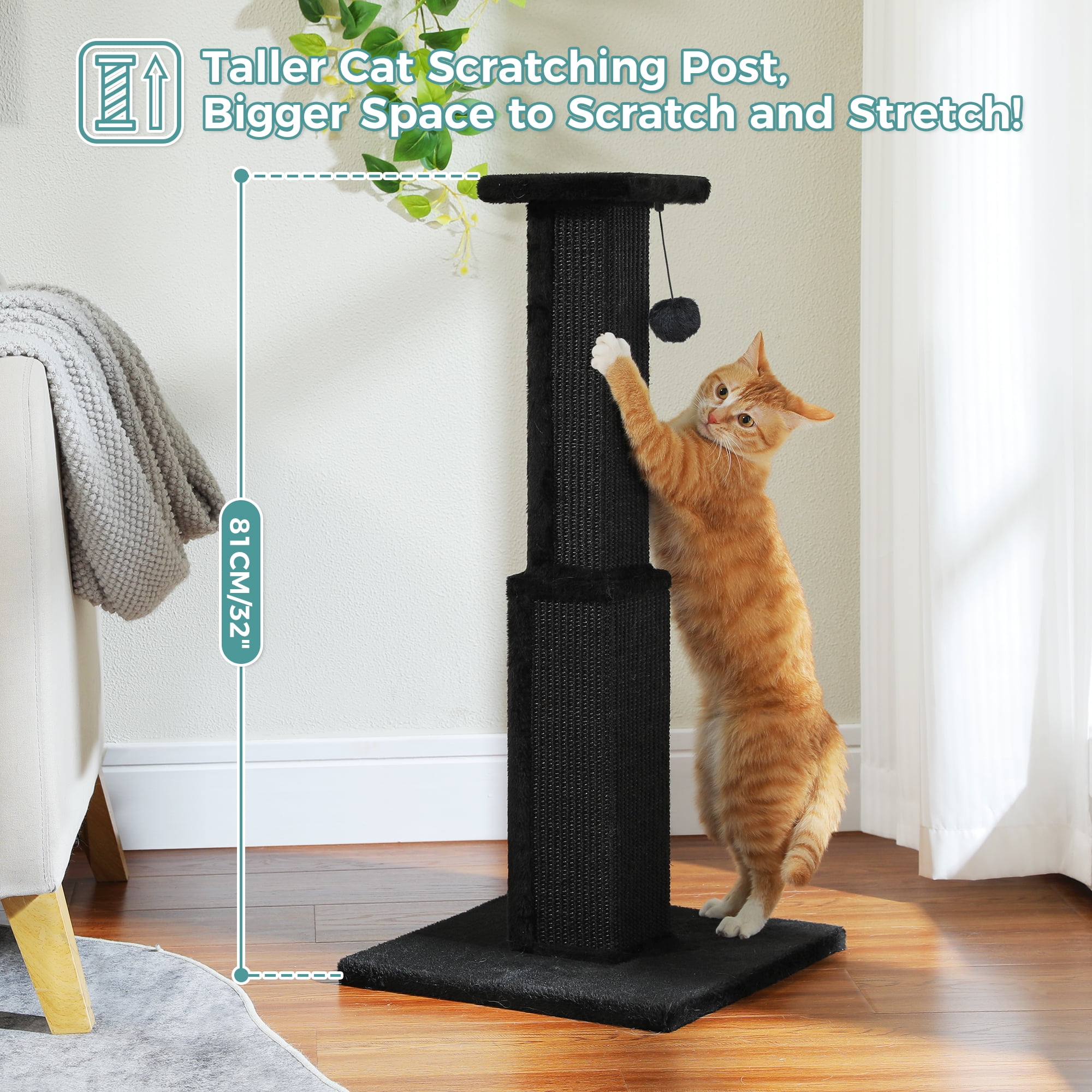 PAWZ Road 31" Natural Sisal Cat Scratching Post Indoor Cat Scratcher with Plush Large Base, Black