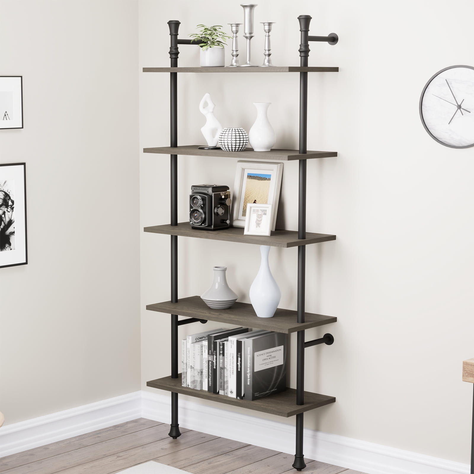 Baztin 5 Tier Industrial Bookshelf, Open Wall Mounted Ladder Vintage