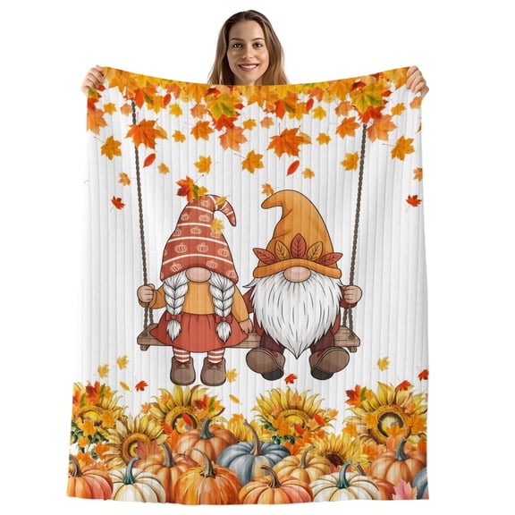 Orange Gnomes Fall Throw Blanket, Flannel Fleece Blanket with Striped Design for Couch, Thanksgiving Pumpkin Maple Leaves Soft Breathable All Season Plush Blankets for Sofa Office Chair 30"x40"