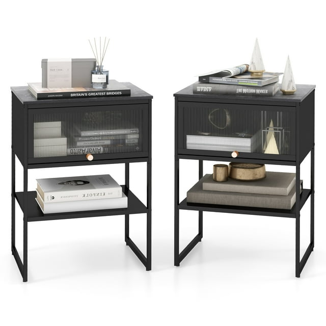 Costway 2 PCS Home Nightstand 3-Tier Storage Table with Door Open Shelf Heavy-duty Metal Frame Black