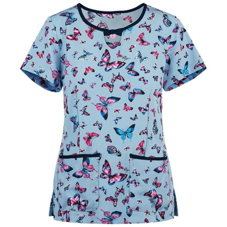 

Women Scrub_Top Working Uniform Blouse Short Sleeve V-Neck Workwear T-Shirt with Pocket Comfy Tops XL
