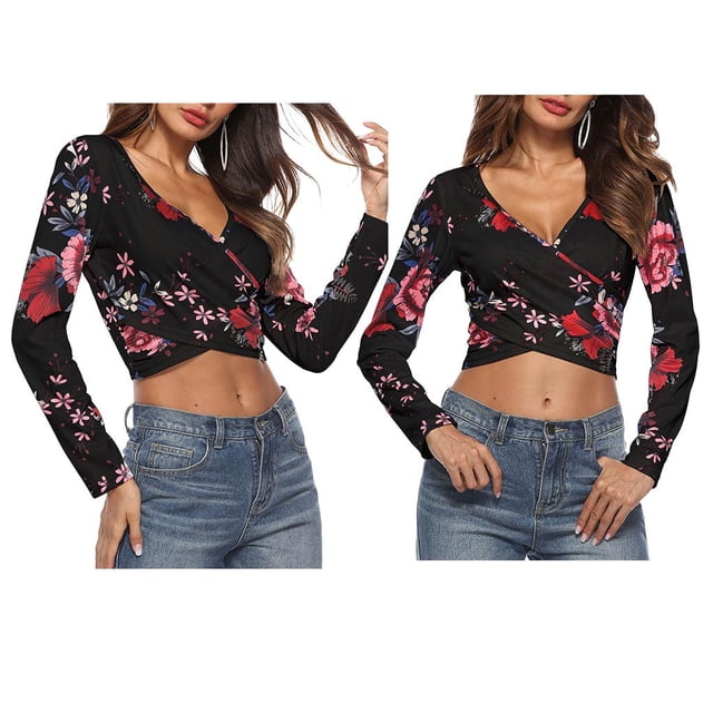 Camisa de Floral Estampado Mujeres Largas Cuello V Fiestas de Disfraces Noche Baoblaze Top corto floral de mujer