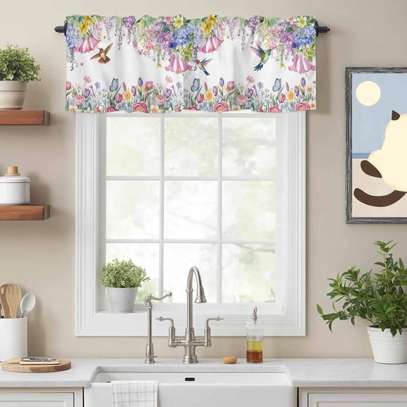 Valance Curtains for Windows Watercolor Floral Hummingbird Kitchen Curtians Window Treatment Spring Plant White Topper Curtain Rod Pocket Valances for Kitchen Bathroom Living Room 54x18in