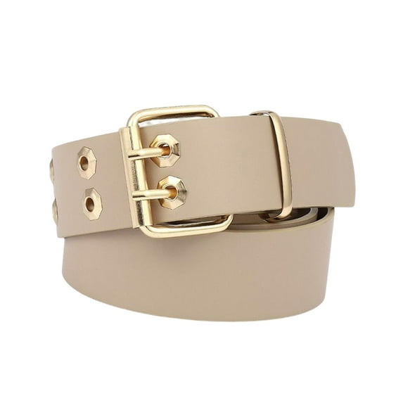 Double Grommet PU Leather Belt for Women/Men Punk Metal Jean Belt, Wide 1.5 Inch Beige