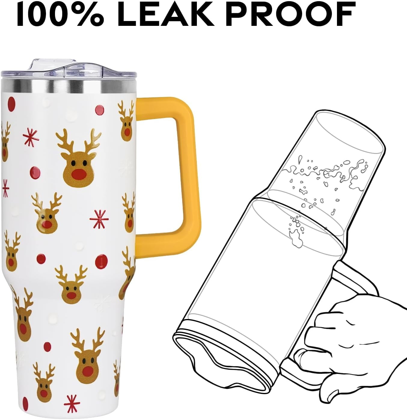 Christmas Tumbler with Handle and Straw Lid 40 oz,Cute Merry Xmas Elk Reindeer Gifts for Women Vacuum Insulated Leak Proof Tumbler,Winter Holiday Accessories Stainless Steel Coffee Cup Mug