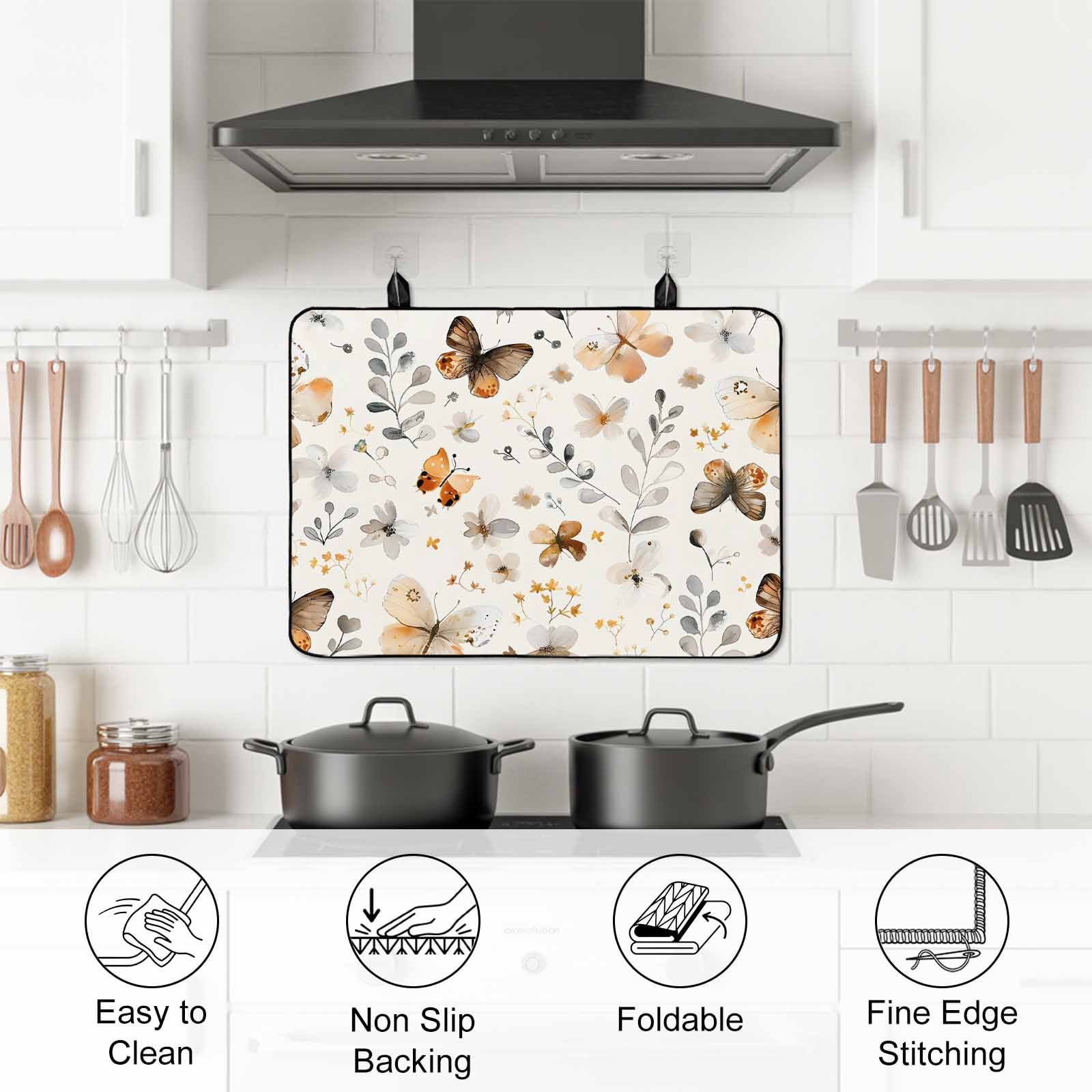 Retro Spring Floral Stove Top Cover for Electric Stove, Heat-proof & Non Slip Glass Top Stove Cover Protector, Brown Butterfly Botanical Kitchen Flat Cooktop Rubber Mat 24x21 Inches