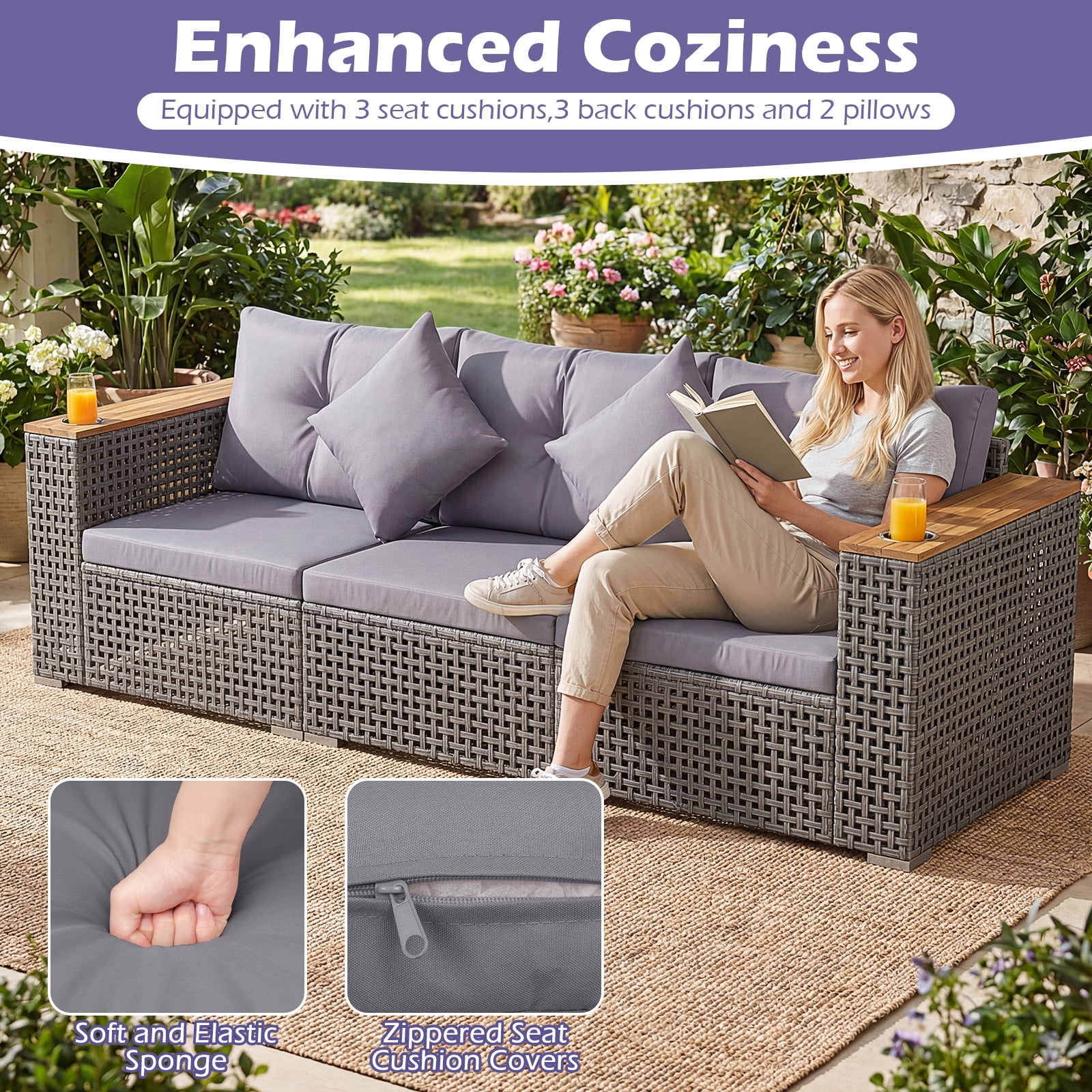 Costway Patio Wicker Sectional Furniture Set, 3 Piece Outdoor Couch Set for Garden Gray
