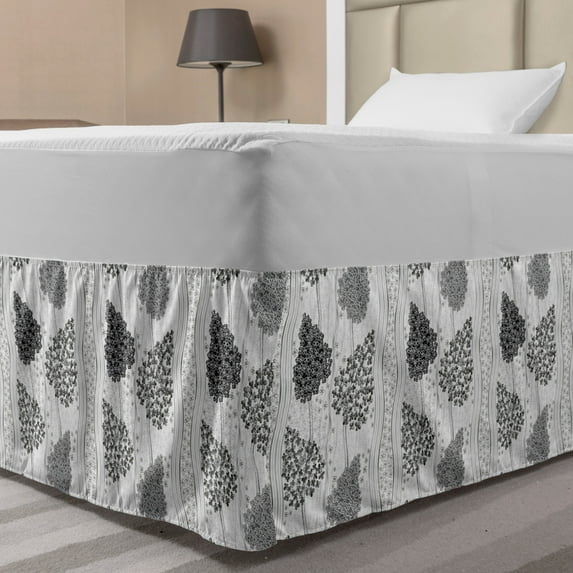 Geometric Bed Skirt, Monochrome Style Floral Elements and Curly Stripes on Background, Elastic Bedskirt Dust Ruffle Wrap Around for Bedding Decor, 4 Sizes, Pale Grey Charcoal Grey, by Ambesonne