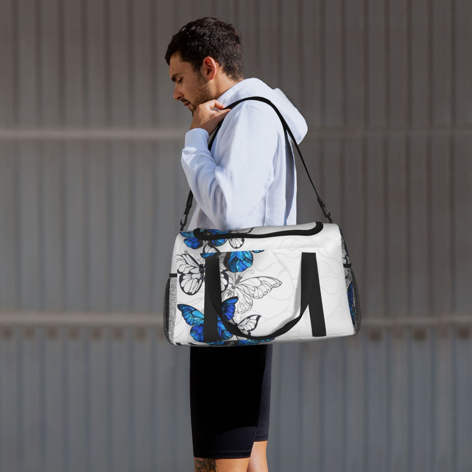 Defioc Blue Flying Butterflies Print Hand Travel Bag - Foldable Travel Duffel Bags for Men Women -Sport Gym Bag - Overnight Travel Duffel Bag - Adjustable Shoulder Strap