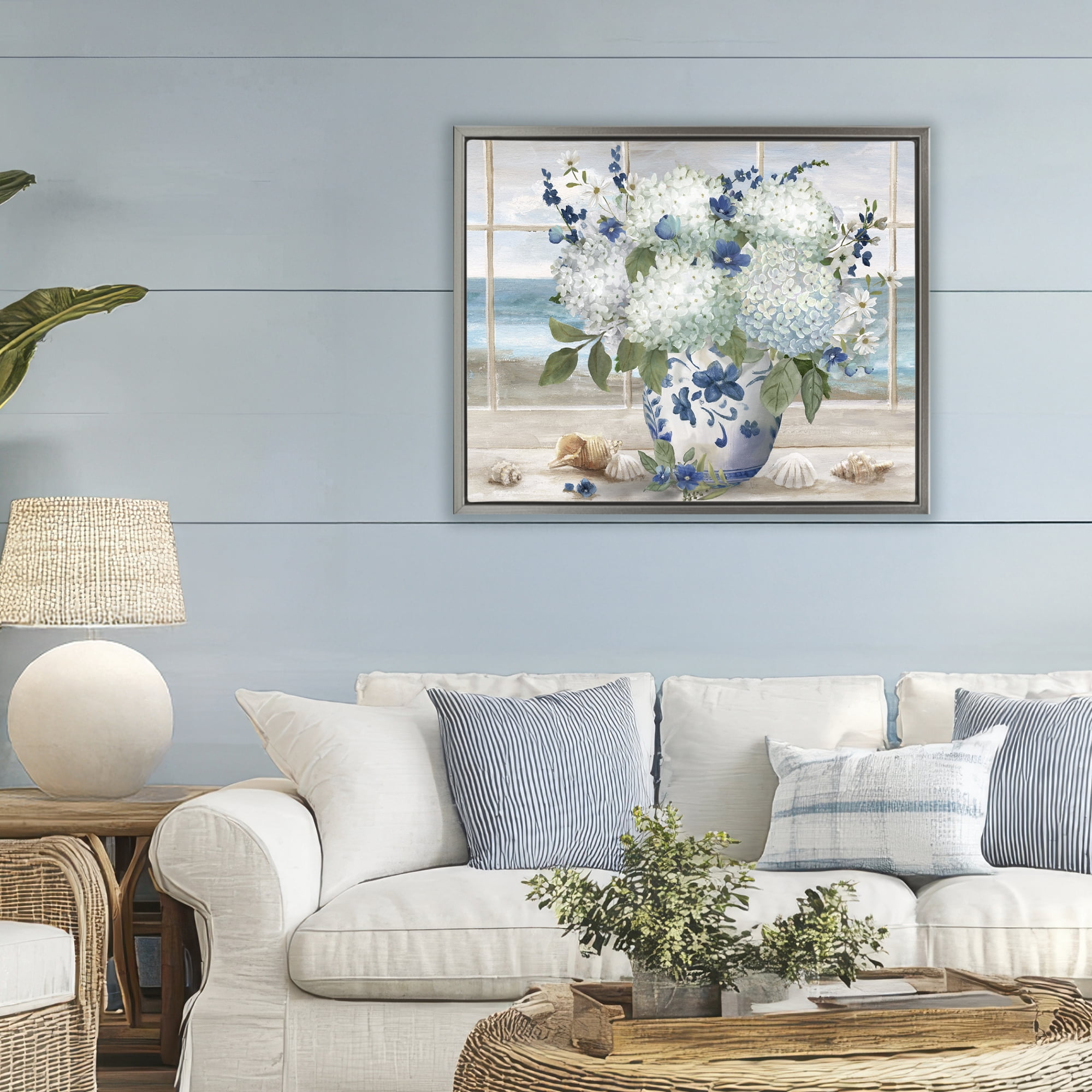 Stupell Industries Seaside Hydrangea Bouquet in Window Gray Framed Floater Canvas Wall Art, design by Nan