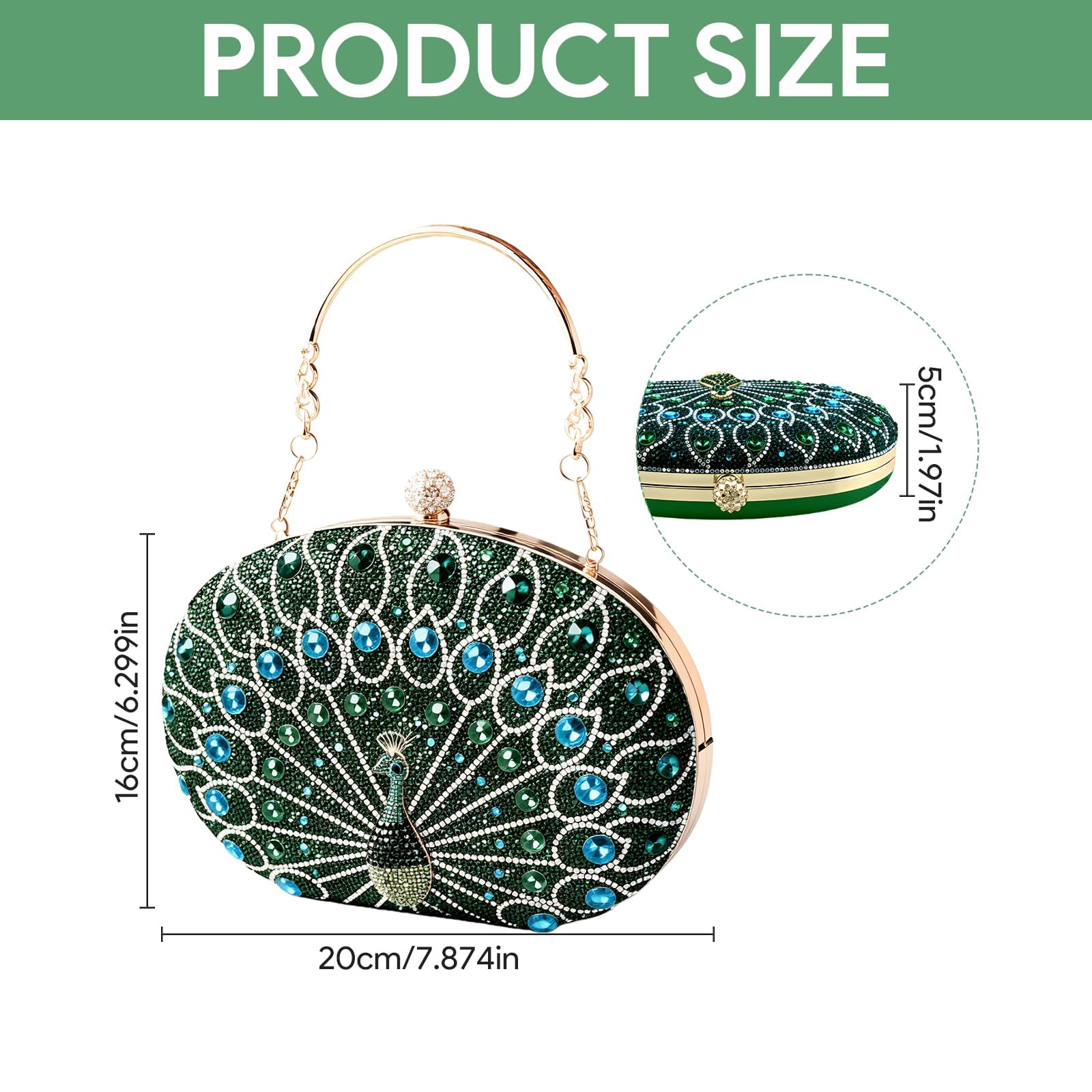 Rhinestone Clutch Purses for Women Emerald Green Peacock Purse, Elegant Evening Bags for Wedding Formal Party (1 Pack)