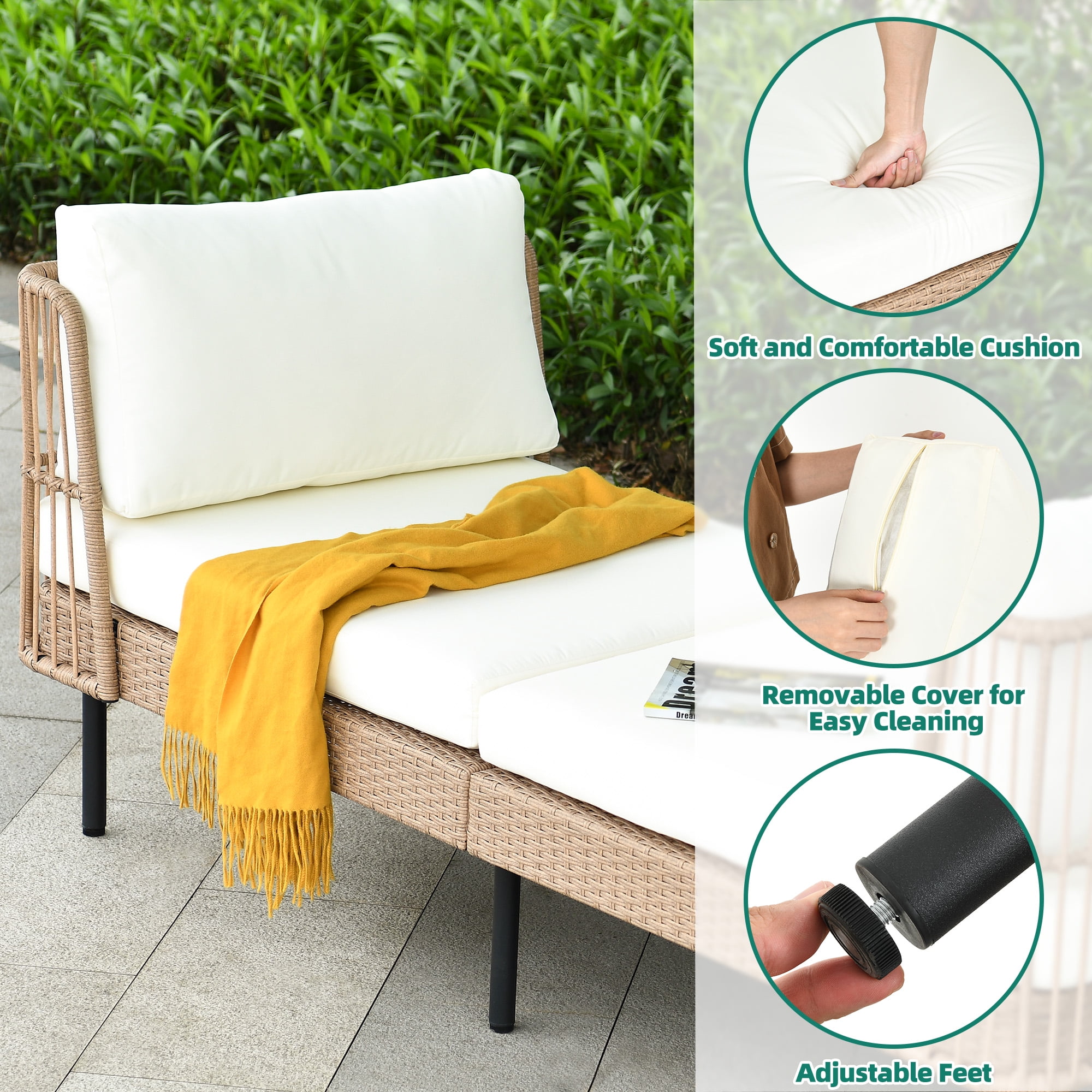 Dextrus Outdoor Daybed 74in Wicker Patio Sofa Bed With Thickness Cushion Indoor Bed Lounger for Balcony Garden Deck Lawn - Beige